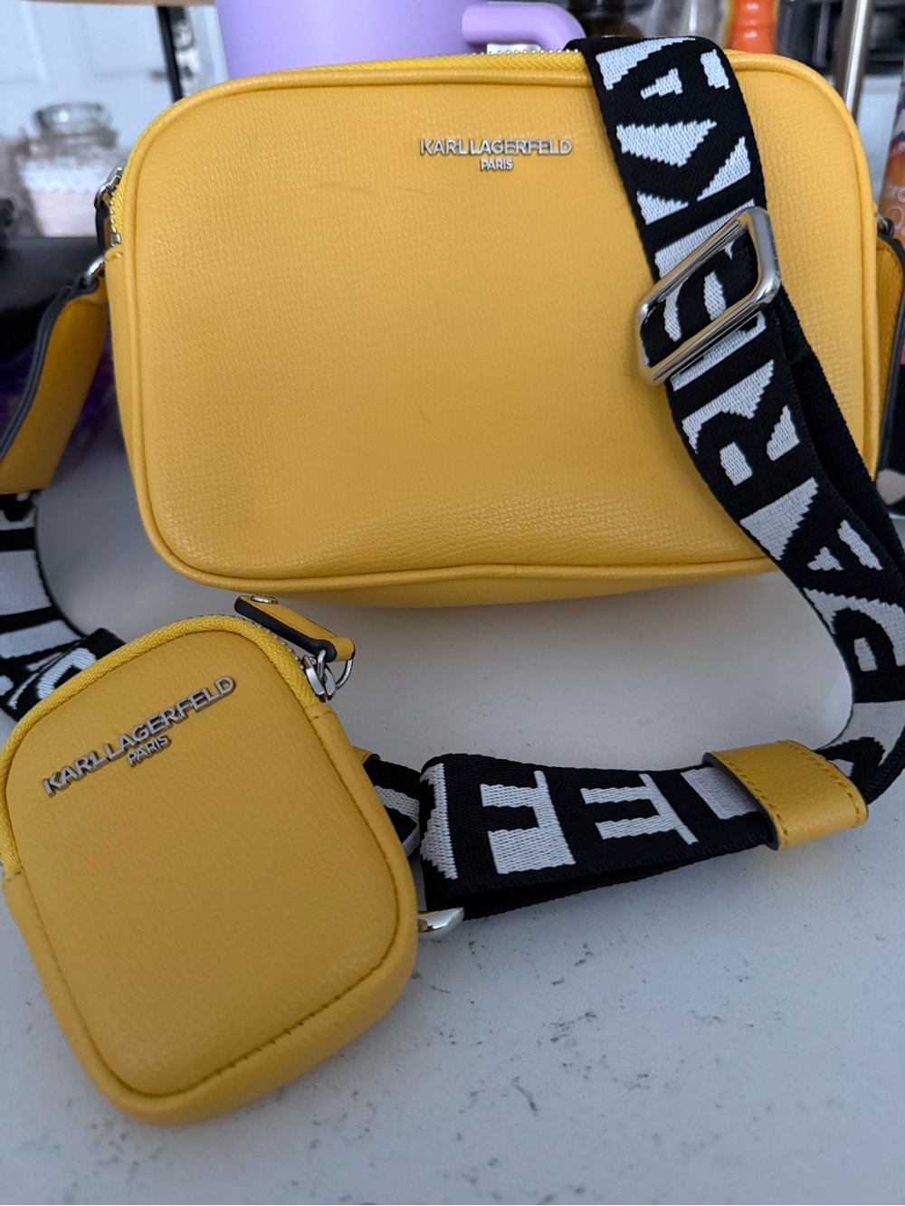 NEW 🌻Karl Lagerfeld Yellow Leather Crossbody with Branded Black-and-White Strap🌻
